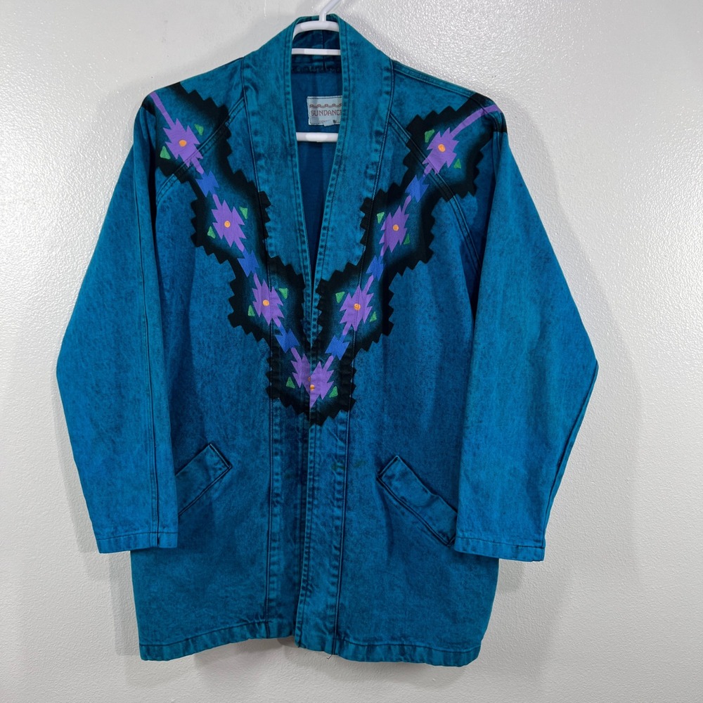 Vintage Sundance Denim Jacket Southwestern Teal Aztec Print Acid Wash USA Large